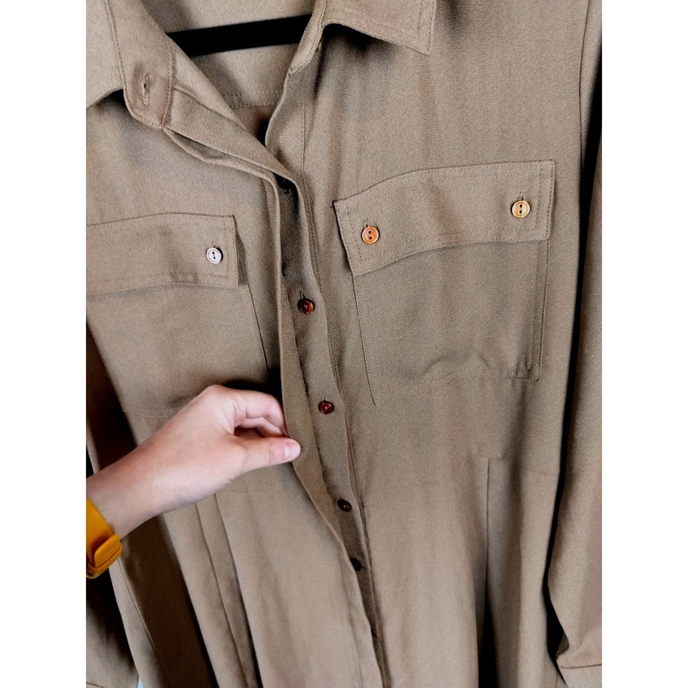 Brown Crepe Utility Midi Shirtdress Tan Wardrobe Polyester Pocketed Long Sleeve - Picture 5 of 8